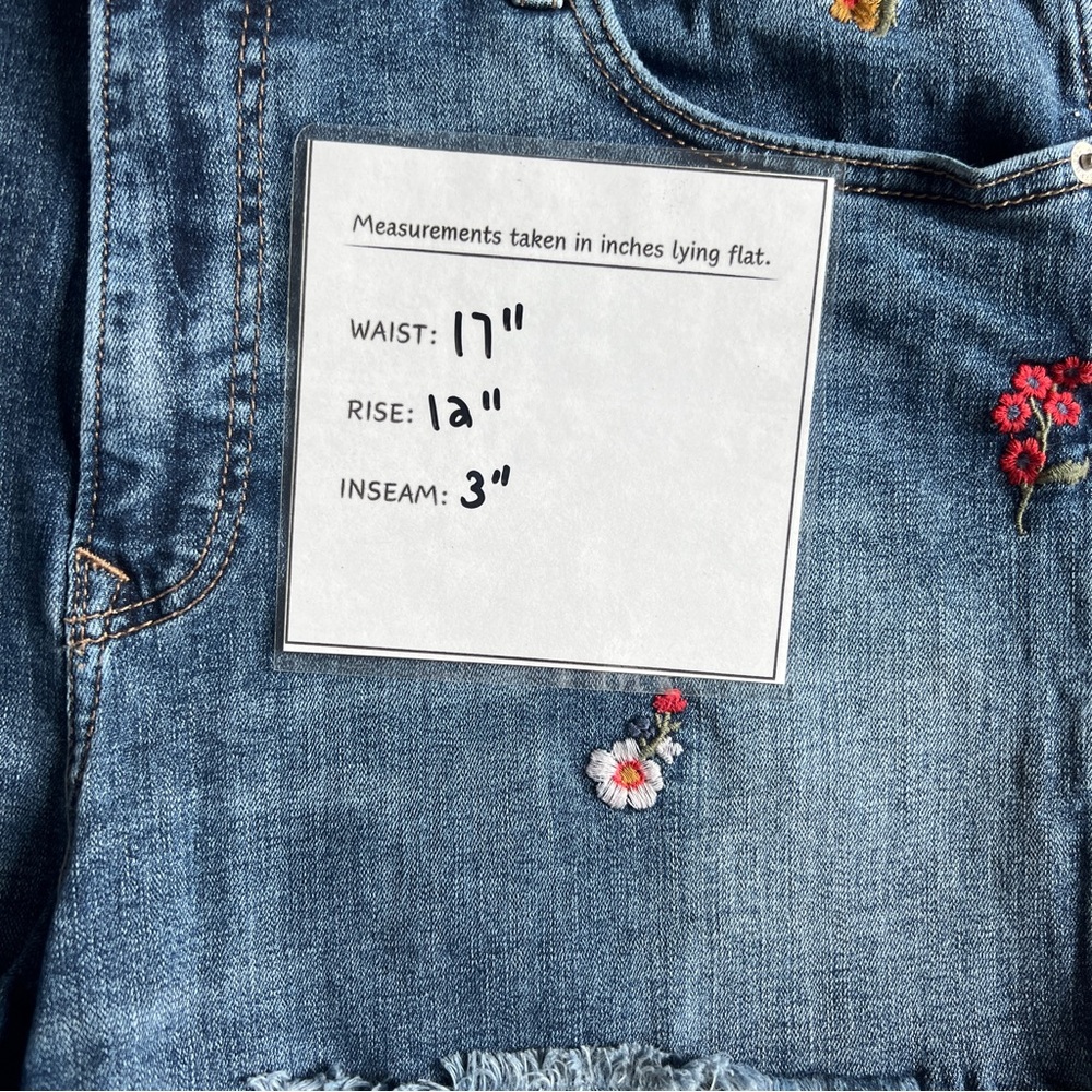 Express denim shorts 14 midi high rise frayed hem‎ embroidered floral cutoff - Picture 7 of 7